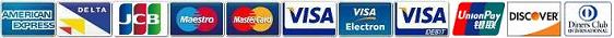  Major Credit and Debit cards accepted:
 Amex, Delta, JCB, Maestro, Mastercard, MC Debit,
 Visa, Visa Debit, Visa Electron, UnionPay, Discover, Diners. 